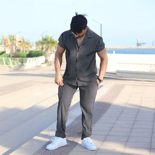 Linen Black Cord Set with white stripes