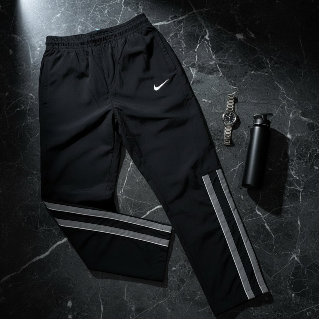 Premium black stripe pattern trouser flat lay on dark marble surface